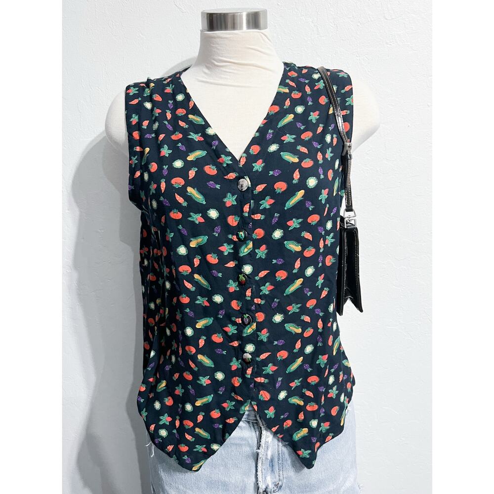 VTG Moe Rayon Button Down Top Blouse Shirt Medium Carrots Vegetables Corn Farm